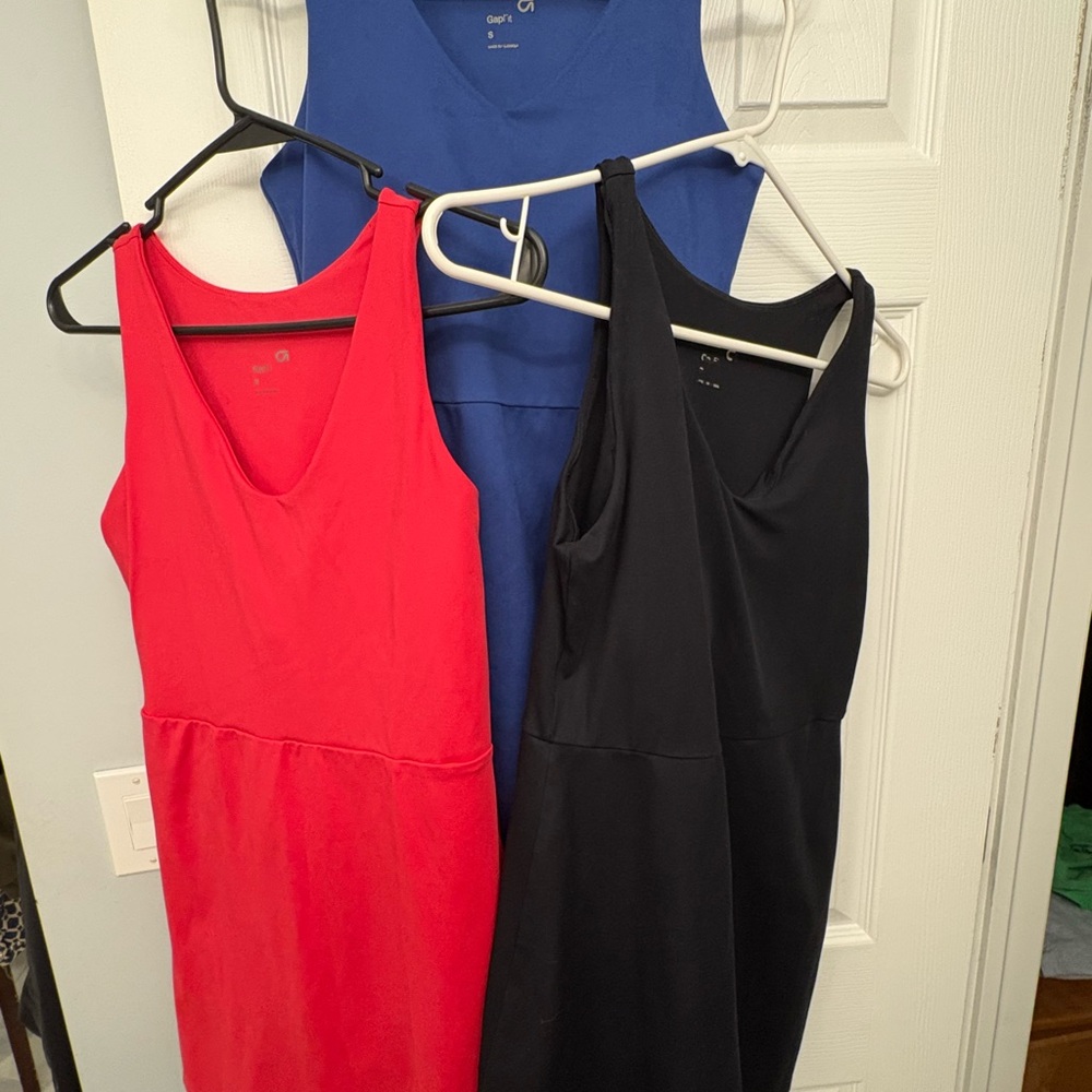 3 small GAP Pink,Blue and Black Sleeveless Athletic Dresses. Built in bra/shorts